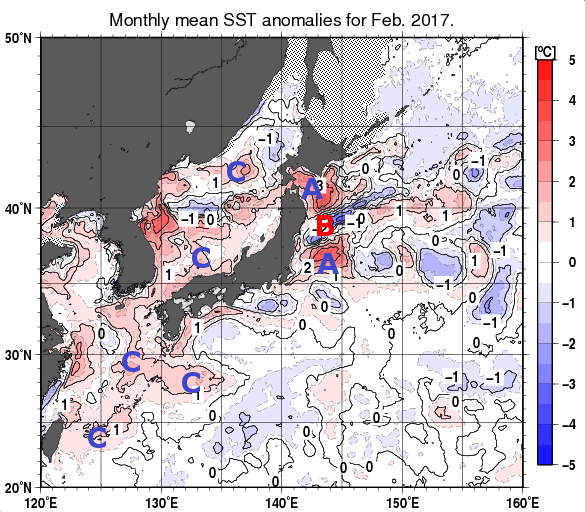 日本近海の月平均海面水温平年差分布図（2017年2月）