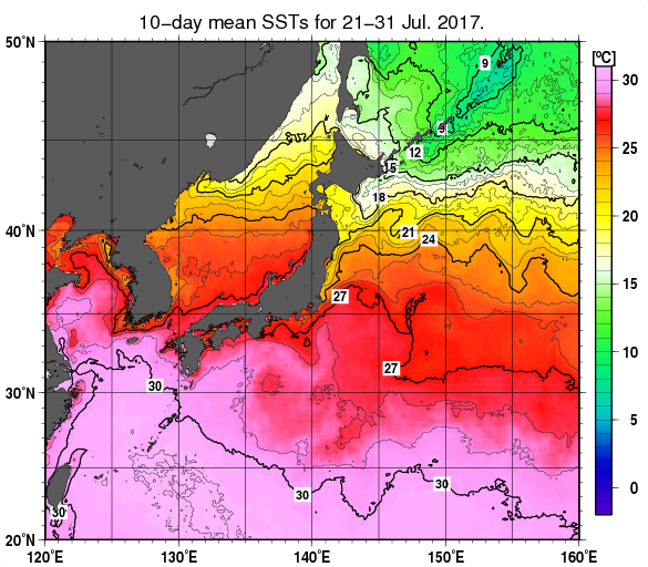 日本近海の旬平均海面水温分布図（2017年7月下旬）