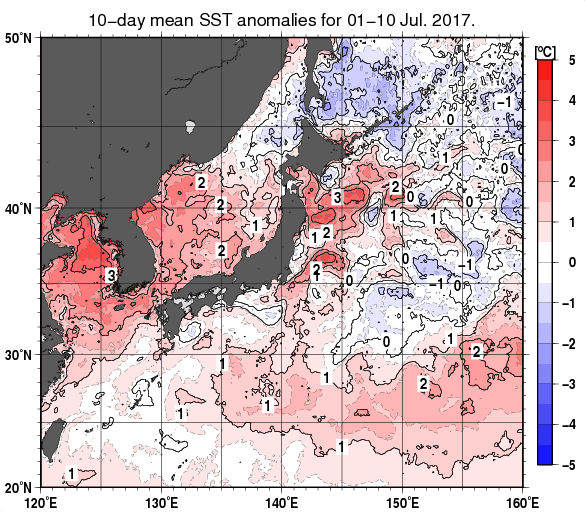 日本近海の旬平均海面水温平年差分布図（2017年7月上旬）