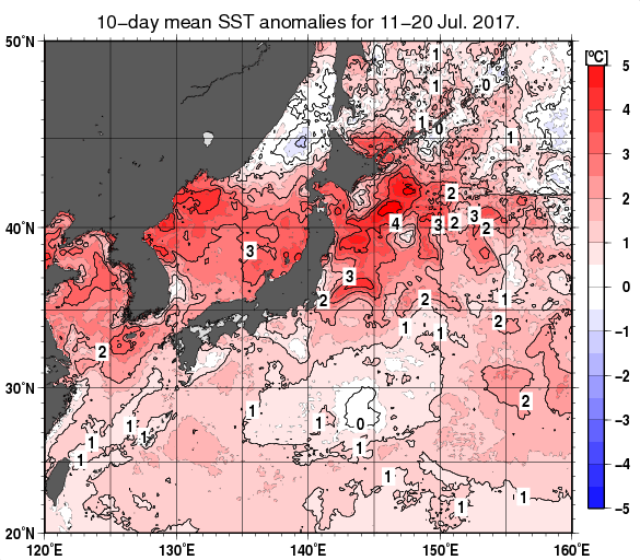 日本近海の旬平均海面水温平年差分布図（2017年7月中旬）