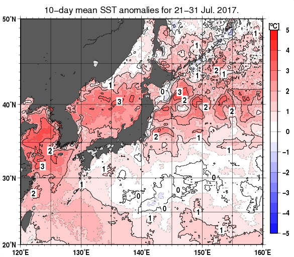 日本近海の旬平均海面水温平年差分布図（2017年7月下旬）
