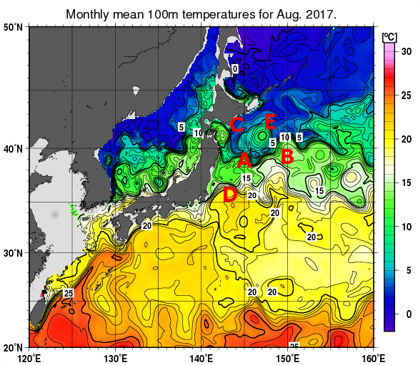 日本近海の深さ100mの月平均水温分布図（2017年8月）