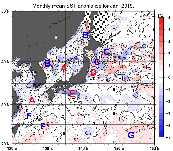 日本近海の月平均海面水温平年差分布図（2018年1月）