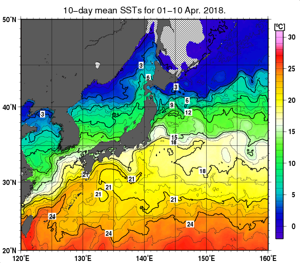 日本近海の旬平均海面水温分布図（2018年4月上旬）