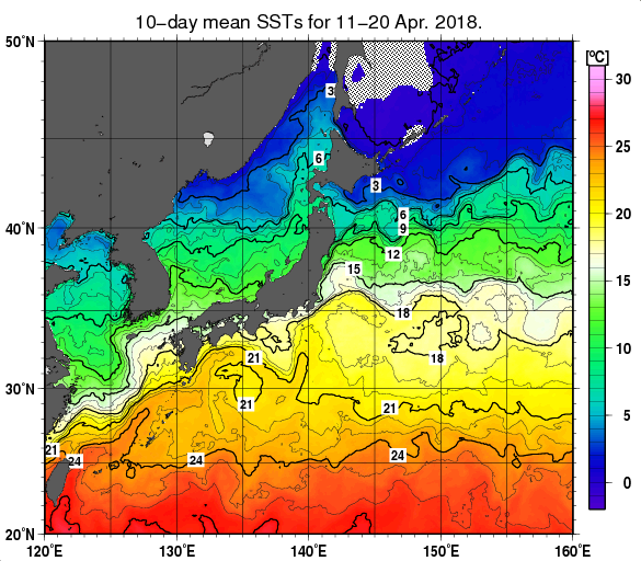 日本近海の旬平均海面水温分布図（2018年4月中旬）