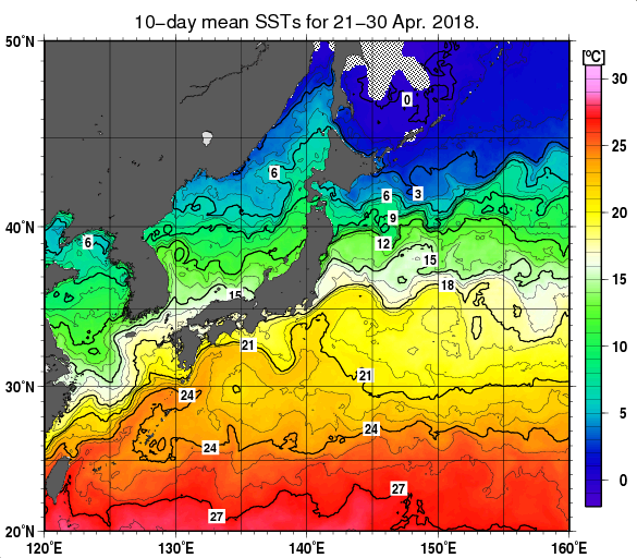 日本近海の旬平均海面水温分布図（2018年4月下旬）