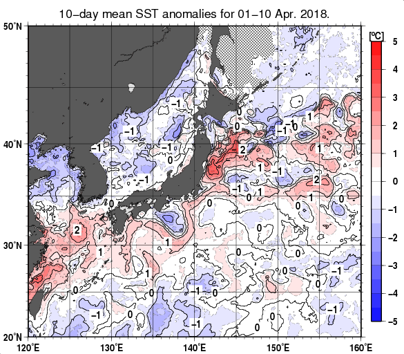 日本近海の旬平均海面水温平年差分布図（2018年4月上旬）