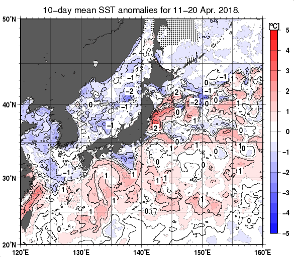 日本近海の旬平均海面水温平年差分布図（2018年4月中旬）