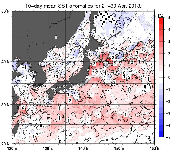 日本近海の旬平均海面水温平年差分布図（2018年4月下旬）