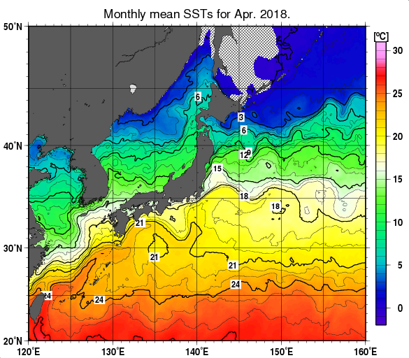 日本近海の月平均海面水温分布図（2018年4月）