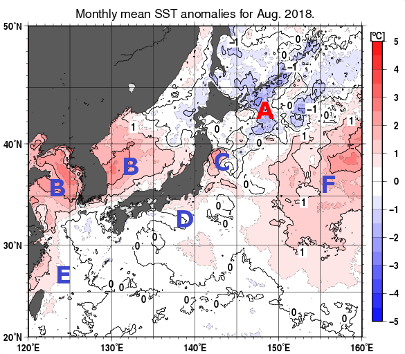 日本近海の月平均海面水温平年差分布図（2018年8月）