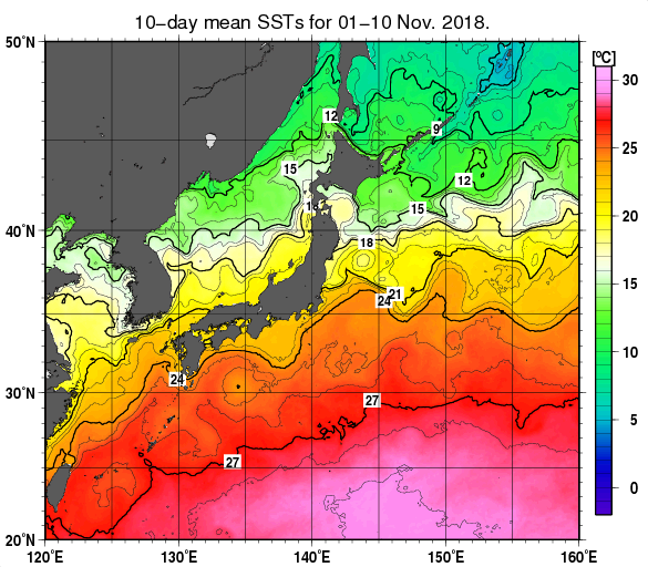 日本近海の旬平均海面水温分布図（2018年11月上旬）