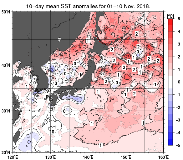 日本近海の旬平均海面水温平年差分布図（2018年11月上旬）
