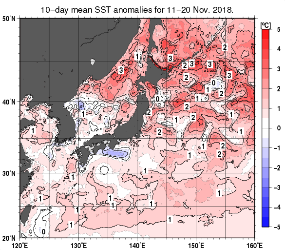 日本近海の旬平均海面水温平年差分布図（2018年11月中旬）