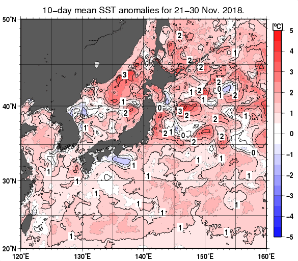 日本近海の旬平均海面水温平年差分布図（2018年11月下旬）