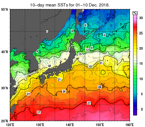 日本近海の旬平均海面水温分布図（2018年12月上旬）
