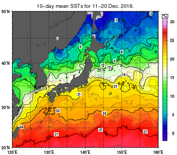 日本近海の旬平均海面水温分布図（2018年12月中旬）