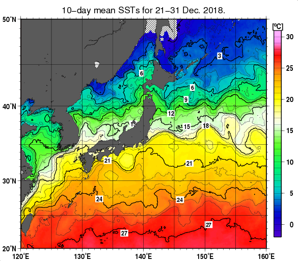 日本近海の旬平均海面水温分布図（2018年12月下旬）