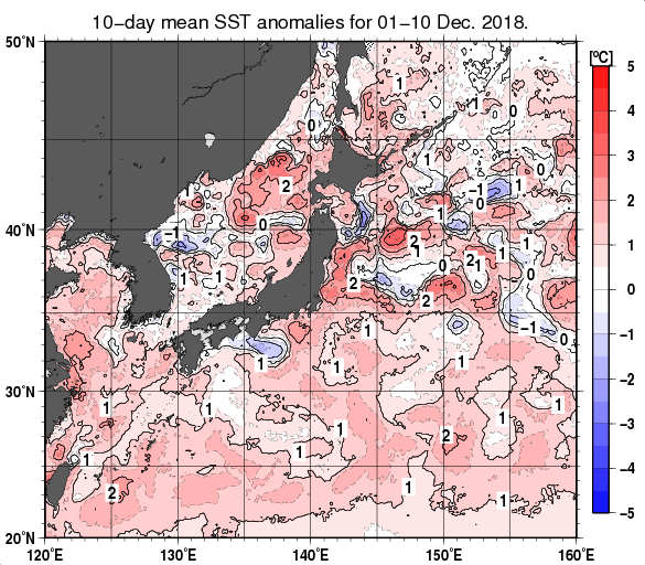 日本近海の旬平均海面水温平年差分布図（2018年12月上旬）