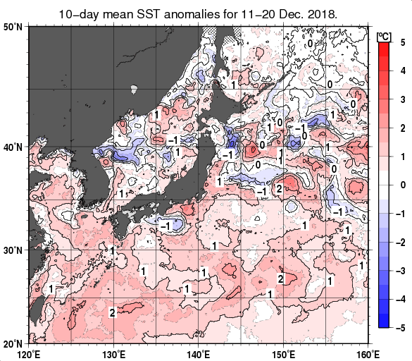 日本近海の旬平均海面水温平年差分布図（2018年12月中旬）