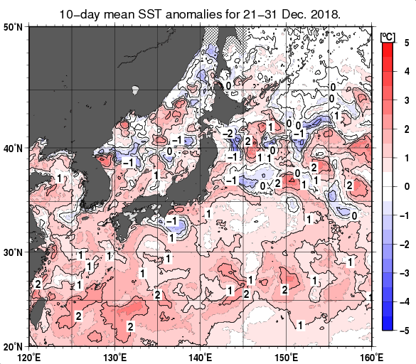 日本近海の旬平均海面水温平年差分布図（2018年12月下旬）