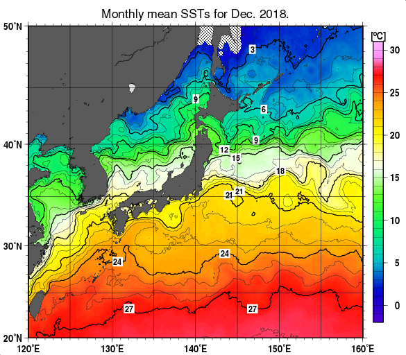 日本近海の月平均海面水温分布図（2018年12月）