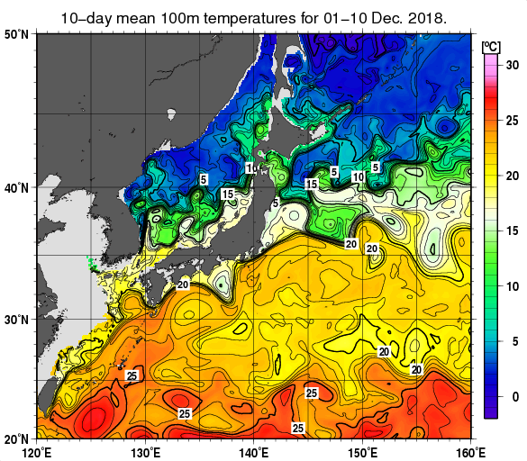 日本近海の深さ100mの旬平均水温分布図（2018年12月上旬）