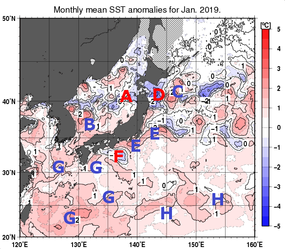 日本近海の月平均海面水温平年差分布図（2019年1月）