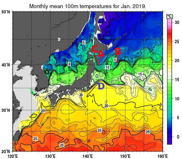 日本近海の深さ100mの月平均水温分布図（2019年1月）