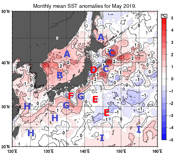日本近海の月平均海面水温平年差分布図（2019年5月）
