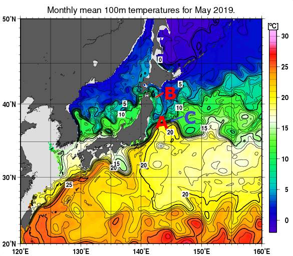 日本近海の深さ100mの月平均水温分布図（2019年5月）
