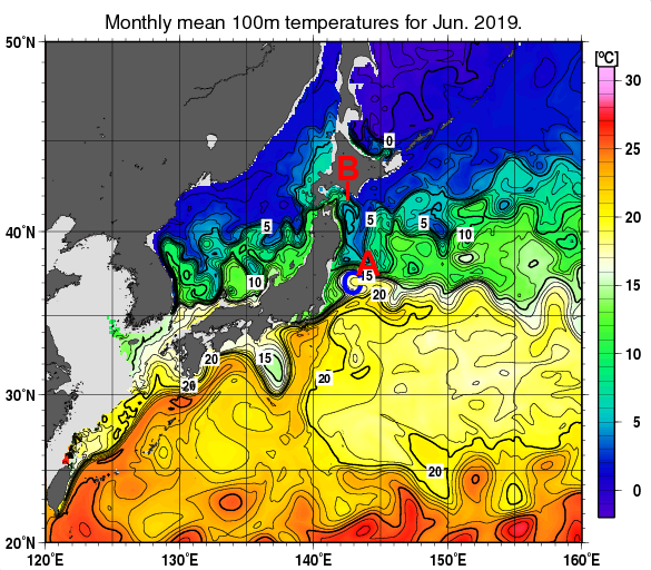 日本近海の深さ100mの月平均水温分布図（2019年6月）