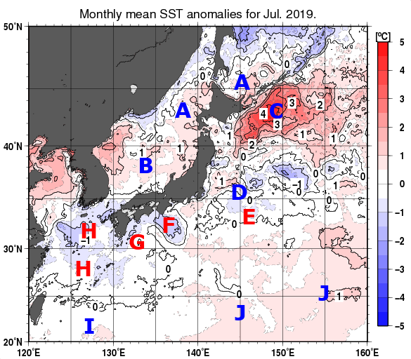 日本近海の月平均海面水温平年差分布図（2019年7月）