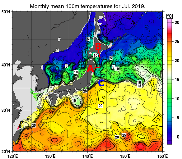 日本近海の深さ100mの月平均水温分布図（2019年7月）