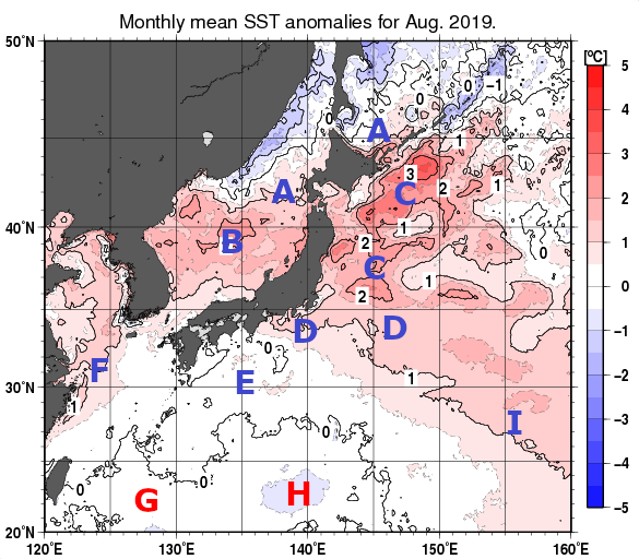 日本近海の月平均海面水温平年差分布図（2019年8月）