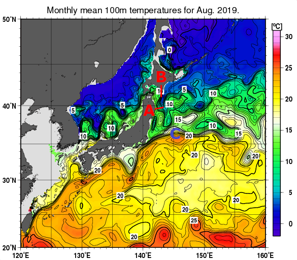 日本近海の深さ100mの月平均水温分布図（2019年8月）