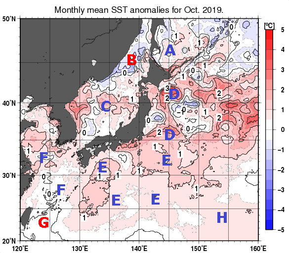 日本近海の月平均海面水温平年差分布図（2019年10月）