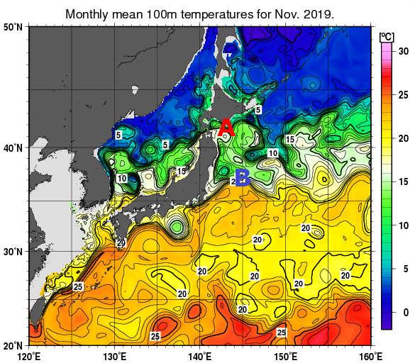 日本近海の深さ100mの月平均水温分布図（2019年11月）