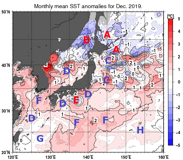 日本近海の月平均海面水温平年差分布図（2019年12月）