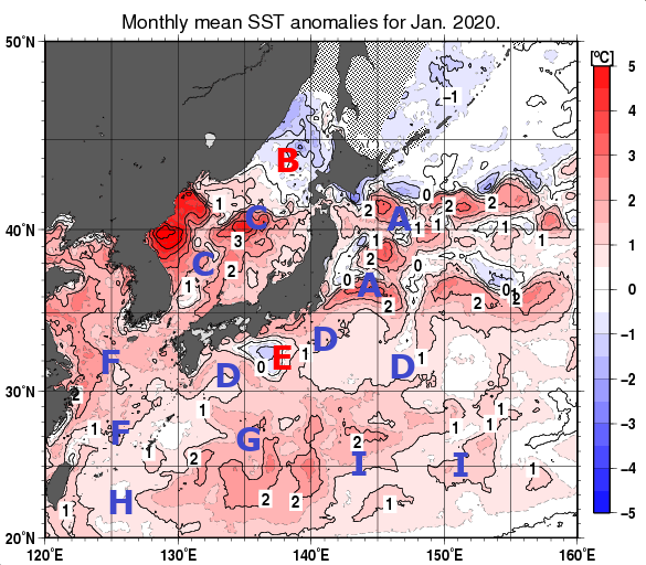 日本近海の月平均海面水温平年差分布図（2020年1月）