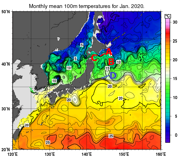 日本近海の深さ100mの月平均水温分布図（2020年1月）