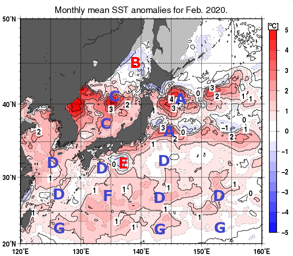 日本近海の月平均海面水温平年差分布図（2020年2月）