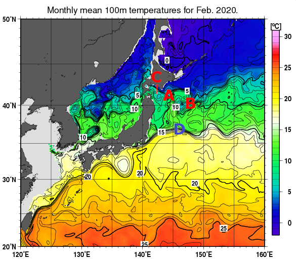 日本近海の深さ100mの月平均水温分布図（2020年2月）