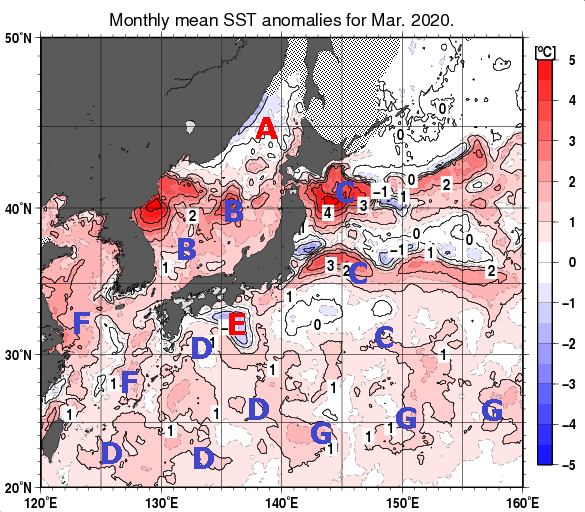 日本近海の月平均海面水温平年差分布図（2020年3月）