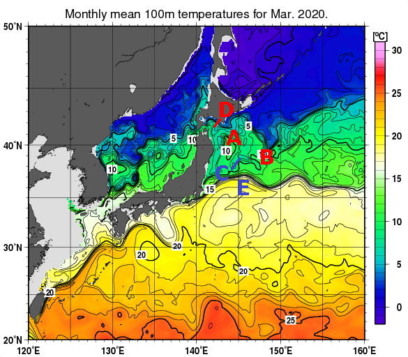 日本近海の深さ100mの月平均水温分布図（2020年3月）