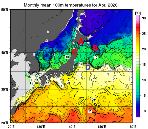 日本近海の深さ100mの月平均水温分布図（2020年4月）