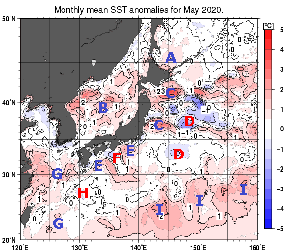 日本近海の月平均海面水温平年差分布図（2020年5月）