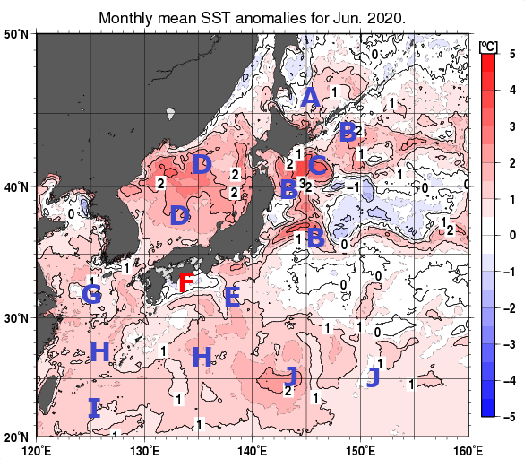 日本近海の月平均海面水温平年差分布図（2020年6月）