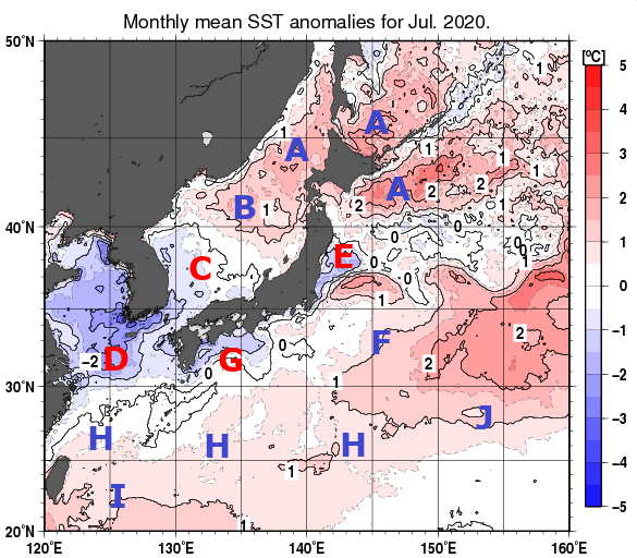 日本近海の月平均海面水温平年差分布図（2020年7月）