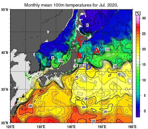日本近海の深さ100mの月平均水温分布図（2020年7月）